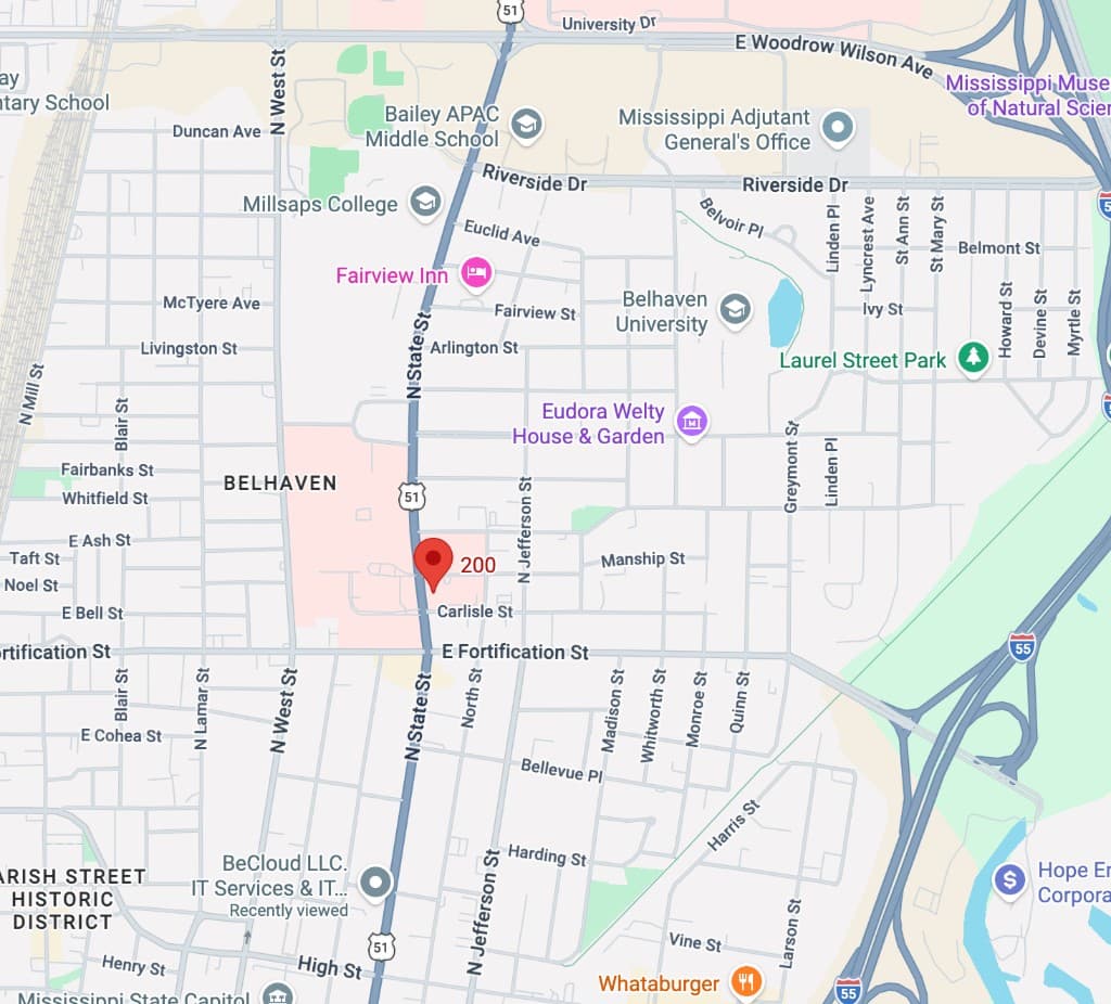 Map showing Mississippi Children's Heart Clinic at 1190 N State St, Suite 200, Jackson, MS 39202